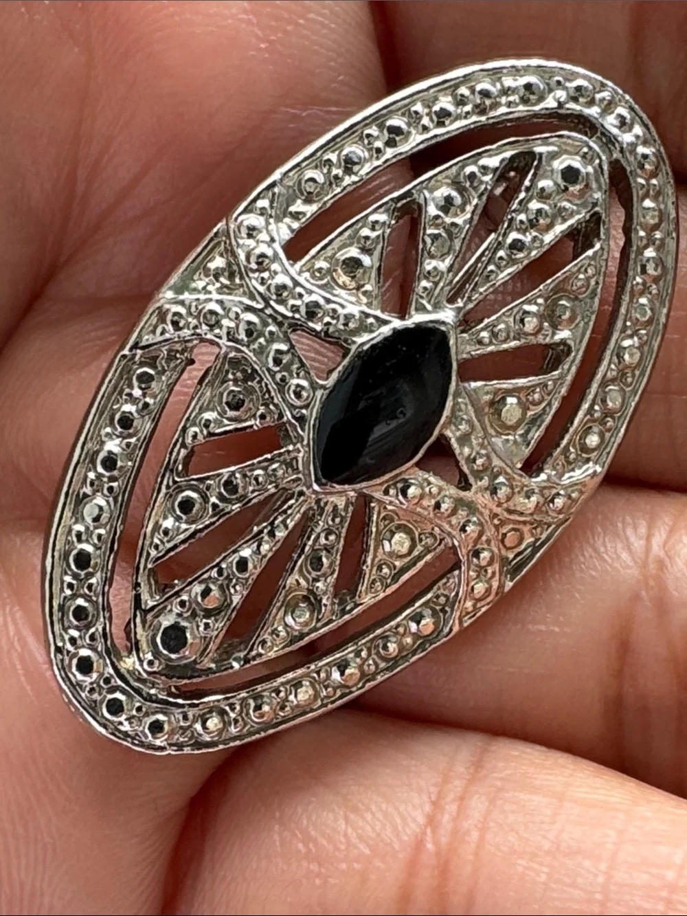 Vintage Silver-Tone Oval Brooch with Black Cabochon